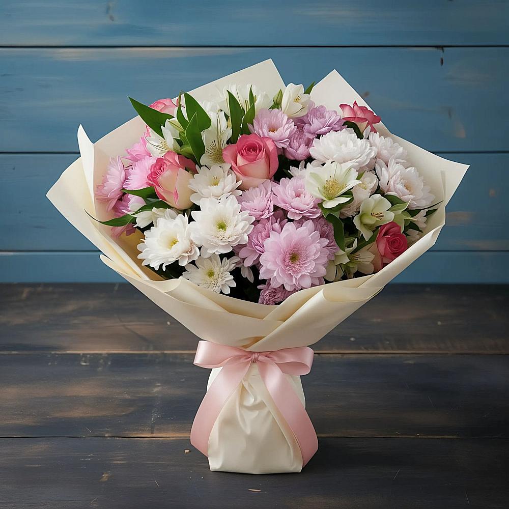 Букет цветов из: Хризантемы, Альстромерии и Розы в Советском Республики Марий Эл